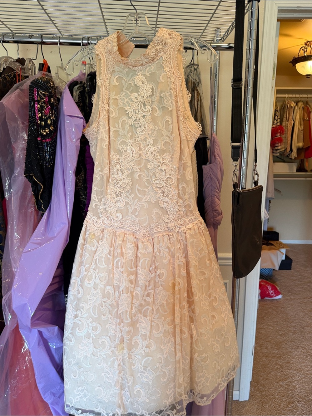 Cachet Blush Lace High-Neck Fit & Flare Mini Dress
